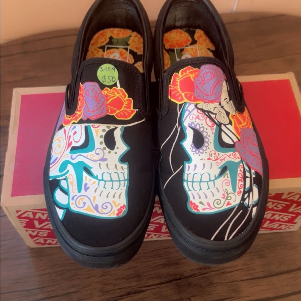 Vans Black Skull Floral Flats